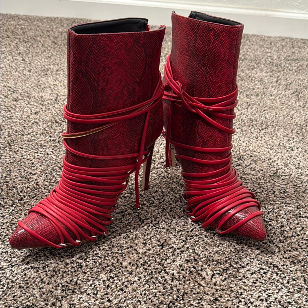 Red Strappy Women's Ankle Boots